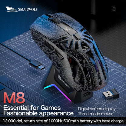 SMAILWOLF M8 Wireless Bluetooth Tri-Mode Gaming Mouse, 12000 DPI Lightweight RGB Gaming Mouse with PAW3311 Sensor, Magnetic Charging Dock