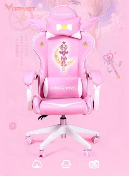 Pink Gaming Chair for Girls, Cute Comfortable Gaming Chair with Armrests, Swivel Height Adjustable Gamer Chair for Bedroom, Office & Streaming