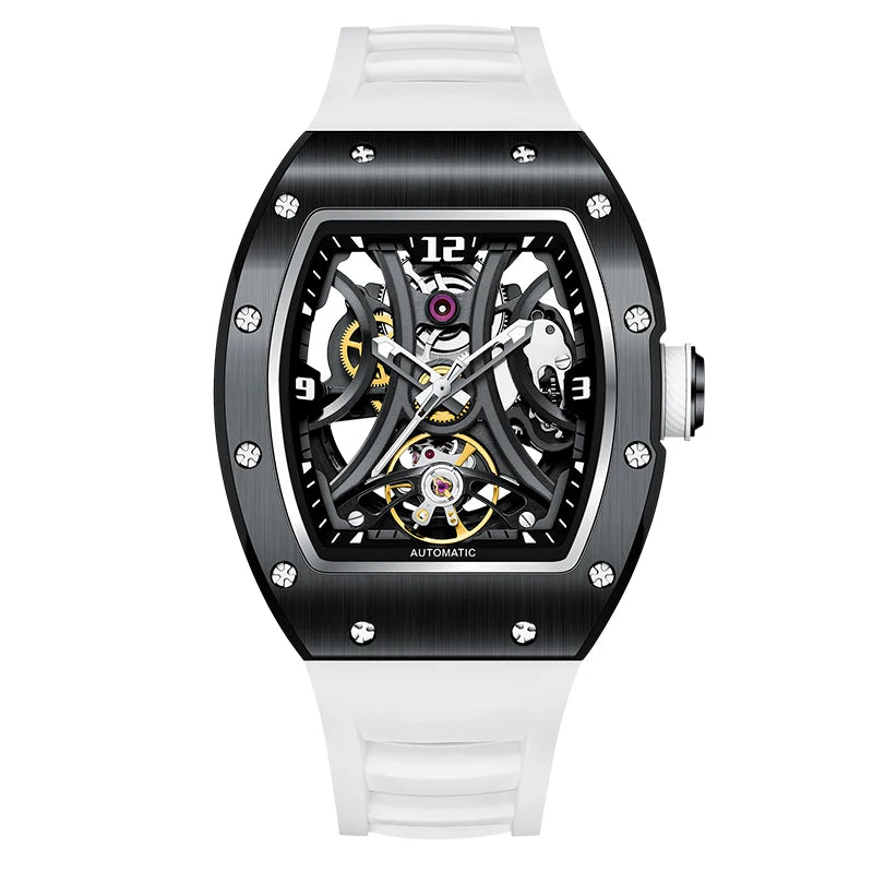 Luxury Automatic Watch Men Sports Barrel Skeleton Design Mechanical Movement Silicone Strap 5 ATM Waterproof Watches