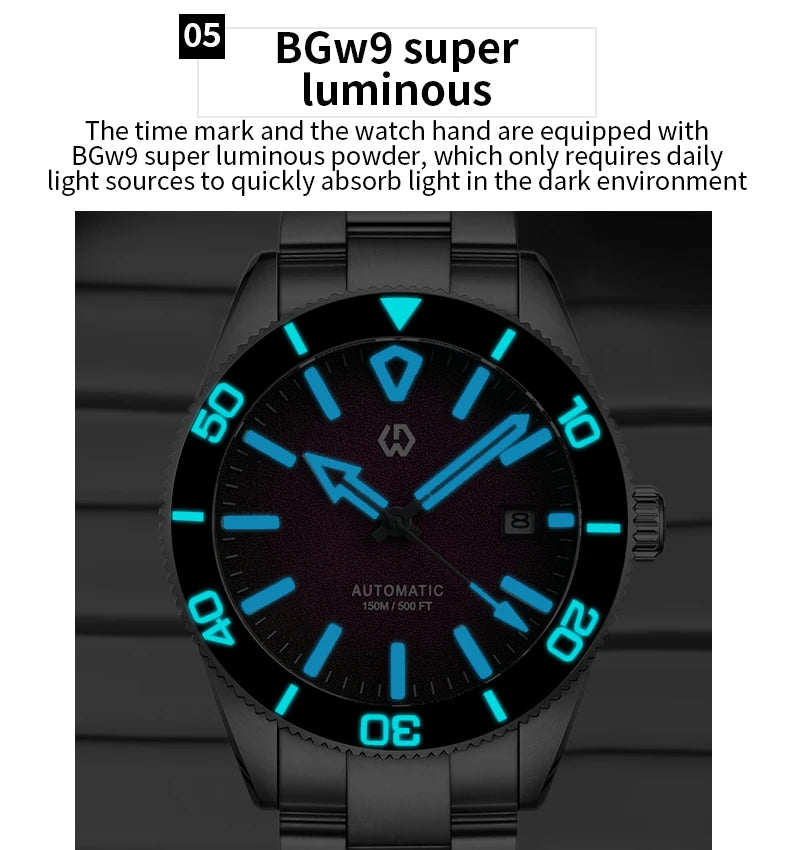 WSD9017 Men's Automatic Watch Mechanical 3D Dimensional Luminous Watch Needle Ceramic Bezel 150 Meters Waterproof Diving