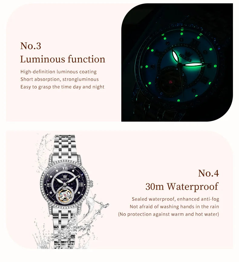 OLEVS Women's Watches Starry Sky Design Automatic Watch for Women Stainless Steel Flywheel Hollowed Ladies Mechanical Watch 7036