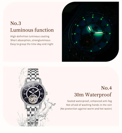 OLEVS Women's Watches Starry Sky Design Automatic Watch for Women Stainless Steel Flywheel Hollowed Ladies Mechanical Watch 7036