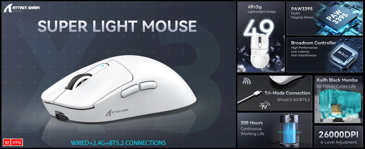 ATTACK SHARK X3 Wireless Gaming Mouse, Ultra-Light 49g Ergonomic Gaming Mouse with PAW3395 Sensor, Tri-Mode Bluetooth/2.4G/USB, 26K DPI Programmable Mouse