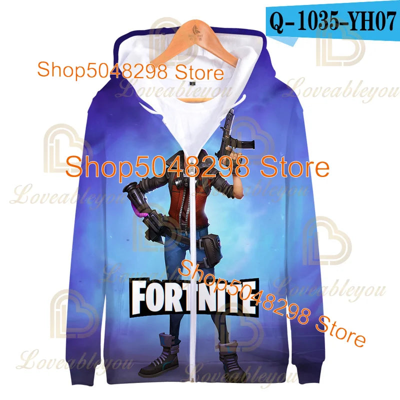 Sweatshirt Fortnite para Adultos e Crianças, Hoodie Infantil com Fecho, Estampado 3D de Jogo, para Rapazes e Raparigas, Estilo Harajuku, Manga Comprida, Roupa para Adolescentes