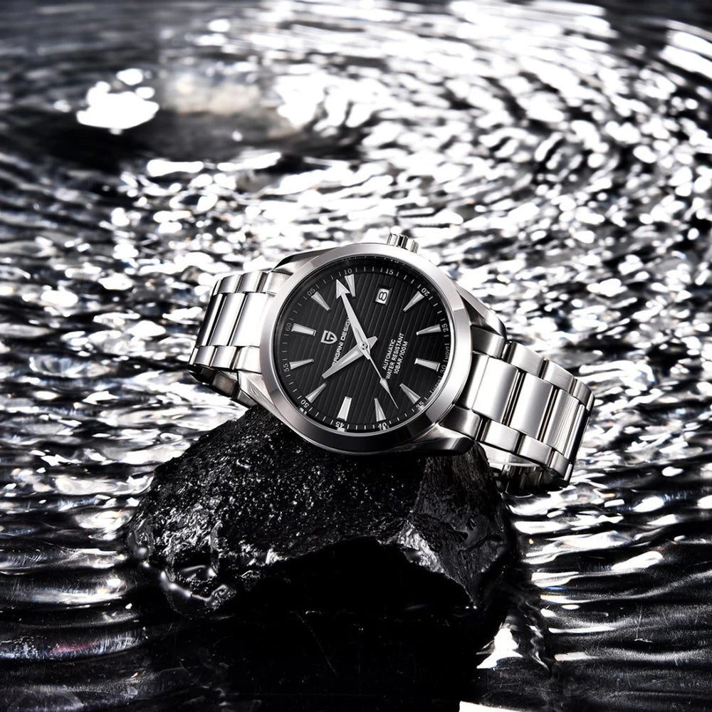Relógio de luxo para homem PAGANI DESIGN – Modelo automático mecânico (calibre 8215), em aço inoxidável, estanque, com indicador de data e ponteiros luminescentes