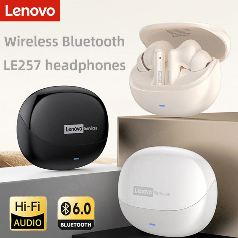 Lenovo LE257 TWS Wireless Bluetooth 6.0 Headphones with HiFi Sound, ENC Noise Reduction, Gaming Earbuds with Mic, Sports Waterproof Headset