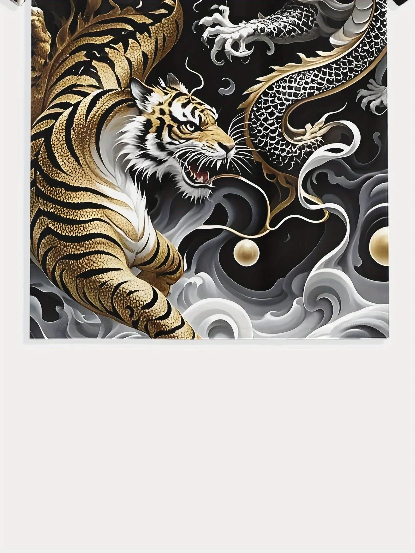 T-shirt gráfica de verão para homem S com design de duelo entre dragão e tigre, manga curta casual, moda 2025, gola redonda