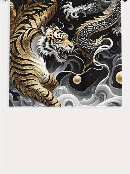 T-shirt gráfica de verão para homem S com design de duelo entre dragão e tigre, manga curta casual, moda 2025, gola redonda