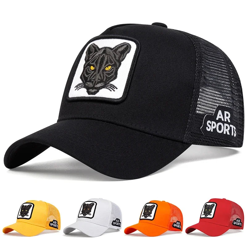 Modebaseballkasket med kattebroderi, sommerkasket i åndbart net, justerbar, hiphop-trucker-kasket, til mænd og kvinder, udendørs solkasket