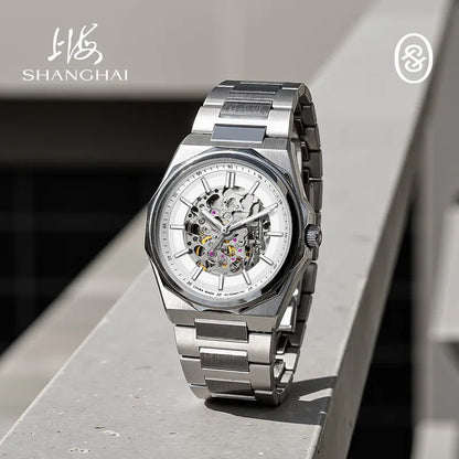 Shanghai Watch Dual Skeletonized Automatic Mechanical Watches 41mm Luminous Sapphire Men's Wristwatch 316L Stainless Steel S8008