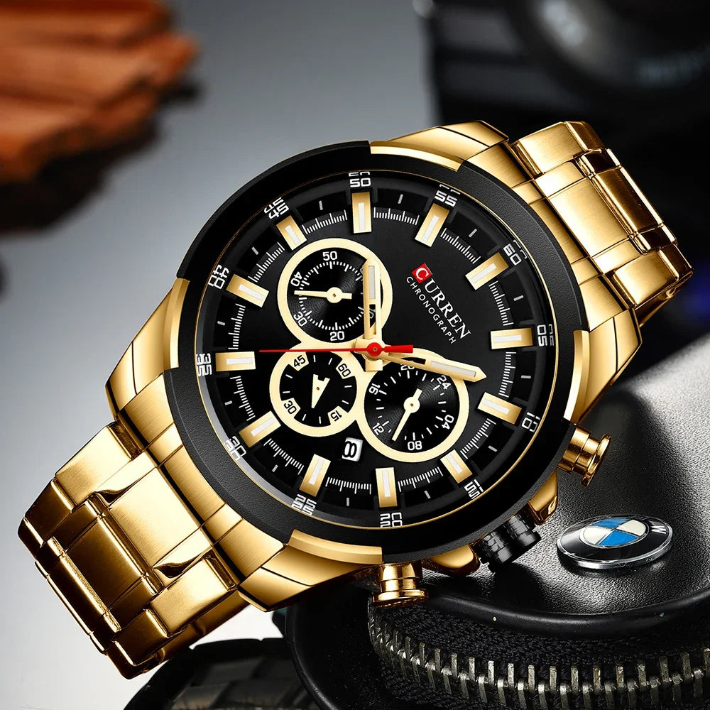 Pánské chronografové hodinky CURREN, velký ciferník o průměru 48 mm, náramek z nerezové oceli, tři pomocné ciferníky, sportovní náramkové hodinky s quartzovým strojkem, luxusní styl
