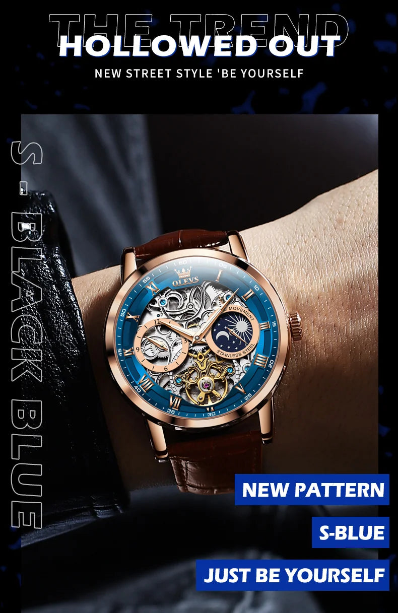 OLEVS Top Brand Men's Skeleton Mechanical Watch Waterproof Leather Strap Men Moon Phase Automatic Tourbillon Wristwatch for Men