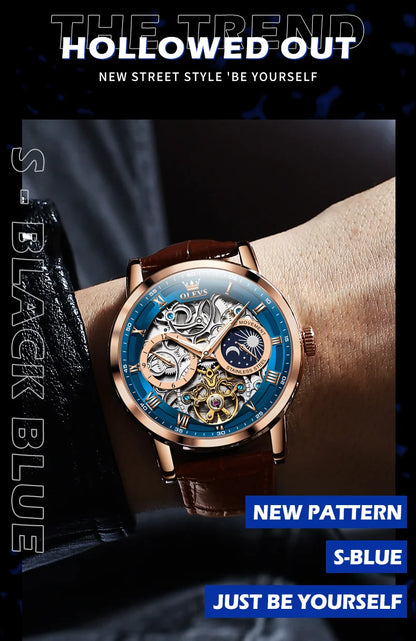 OLEVS Top Brand Men's Skeleton Mechanical Watch Waterproof Leather Strap Men Moon Phase Automatic Tourbillon Wristwatch for Men