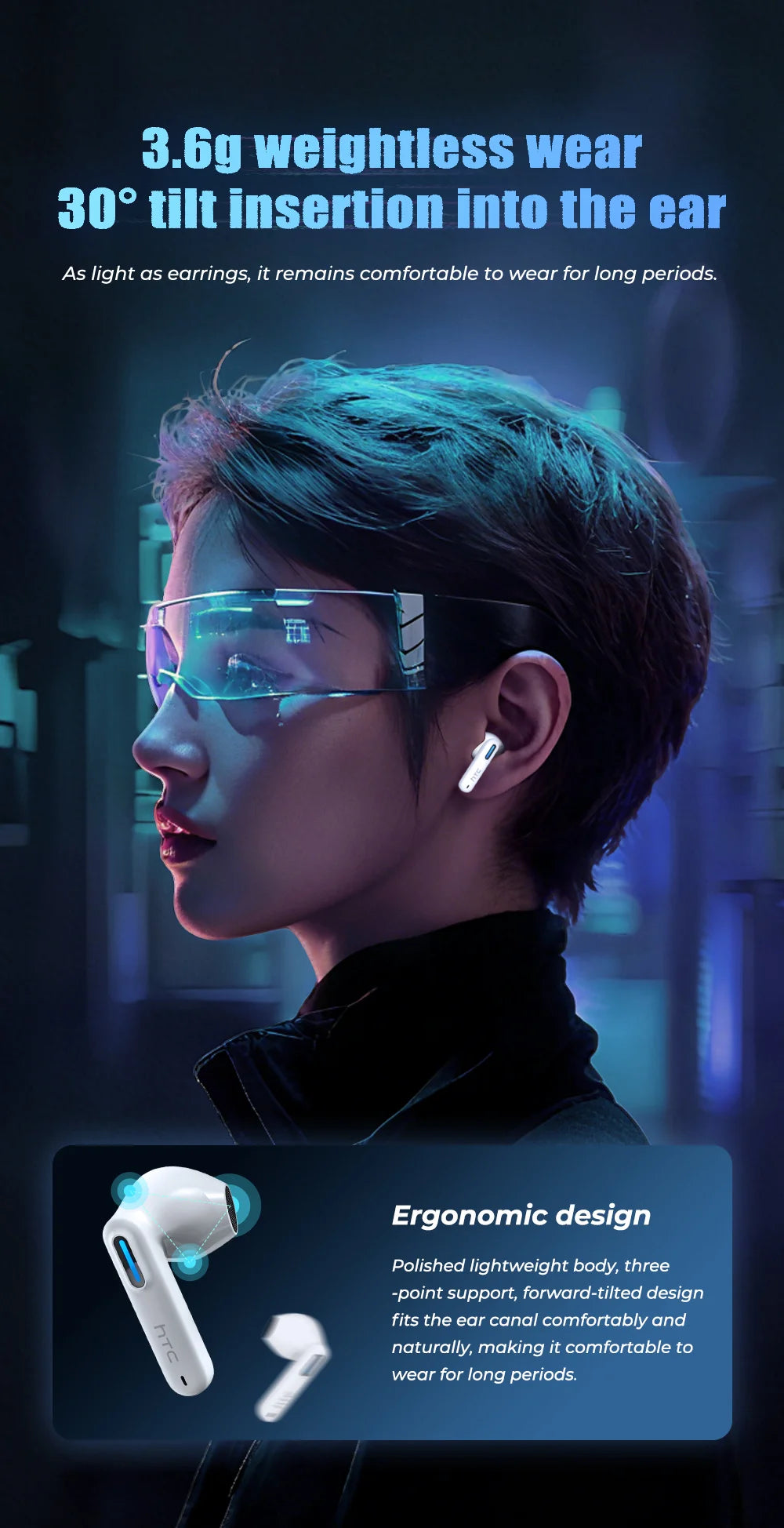 HTC NE49 Bluetooth 6.0 True Wireless Earbuds Gaming Headphones with HiFi Deep Bass, IPX5 Waterproof Bluetooth Earbuds, Low Latency Wireless Earphones