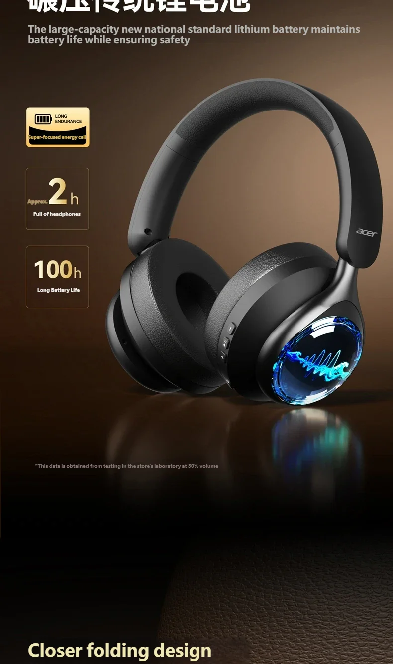 Acer OHR712 Wireless Bluetooth 6.0 Headphones, Foldable Over-Ear Bluetooth Headphones with Active Noise Cancellation, 360° Spatial Sound, HiFi Deep Bass Headset for Travel, Home & Office