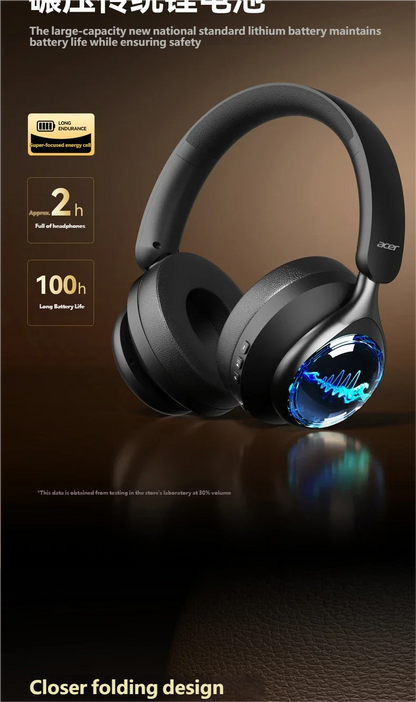 Acer OHR712 Wireless Bluetooth 6.0 Headphones, Foldable Over-Ear Bluetooth Headphones with Active Noise Cancellation, 360° Spatial Sound, HiFi Deep Bass Headset for Travel, Home & Office