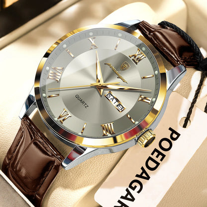 Montre homme tendance POEDAGAR, bracelet en cuir, date et semaine, montre à quartz de luxe, étanche, lumineuse, style business décontracté.