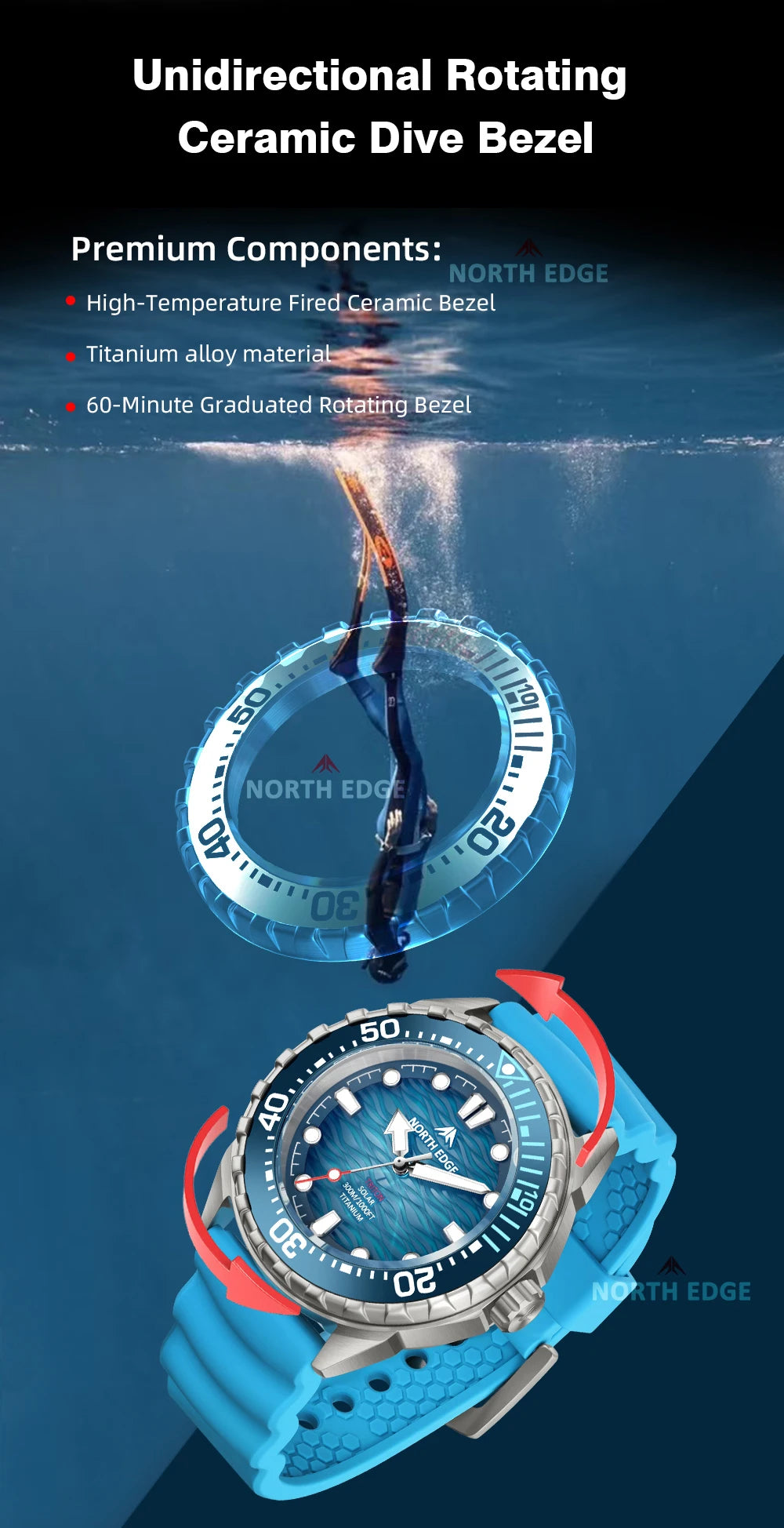 NORTH EDGE TRITON-TI Titanium Stainless Solar-Powered Diving Watch Luxury Quartz Watches For Men 300M Waterproof 180+ Day Power