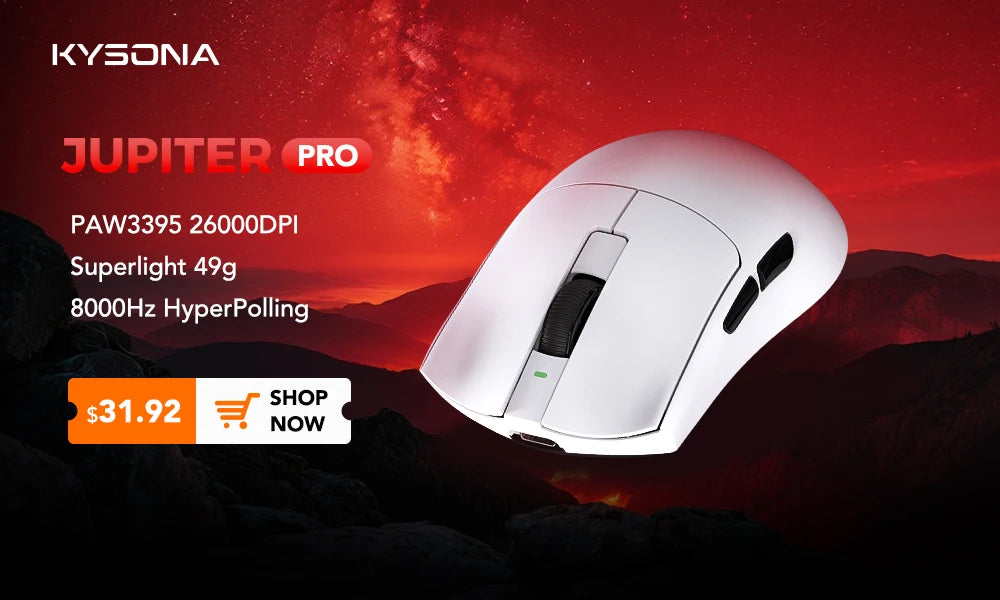 KYSONA Jupiter-serien gamingmus trådbunden/trådlös mus 8Khz PAW3950-sensor Bluetooth 46g uppladdningsbar webbdrivrutin för PC och laptop