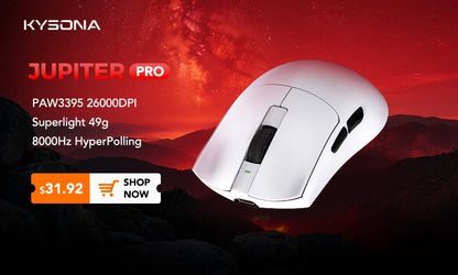 KYSONA Jupiter-serien gamingmus trådbunden/trådlös mus 8Khz PAW3950-sensor Bluetooth 46g uppladdningsbar webbdrivrutin för PC och laptop