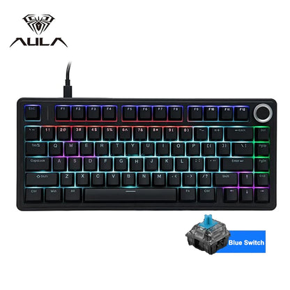 Aula F75 Wired Gaming Keyboard 75% RGB Backlight ABS Keycap Gasket Structure Hot Swappable Office Mechanical Keyboards With Knob