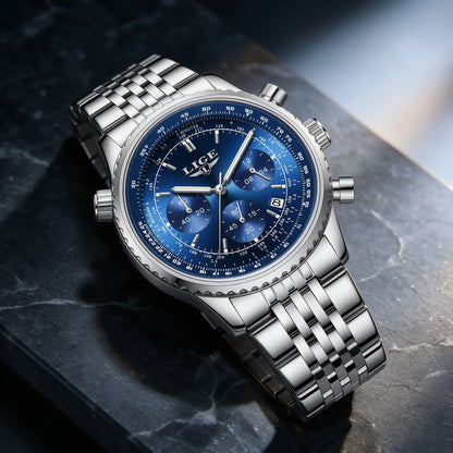 LIGE luxury men’s watch – Chronograph with date, stainless steel, water-resistant, luminescent, sporty and military style, men’s quartz watch