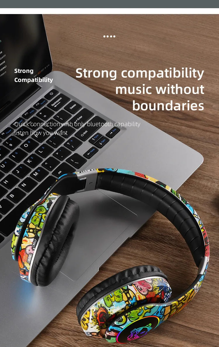 Auriculares gaming Bluetooth inalámbricos New Graffiti LX-8686 con micrófono, luz LED, compatibilidad con tarjeta TF, graves profundos y diseño circumaural para PC, gaming y niños