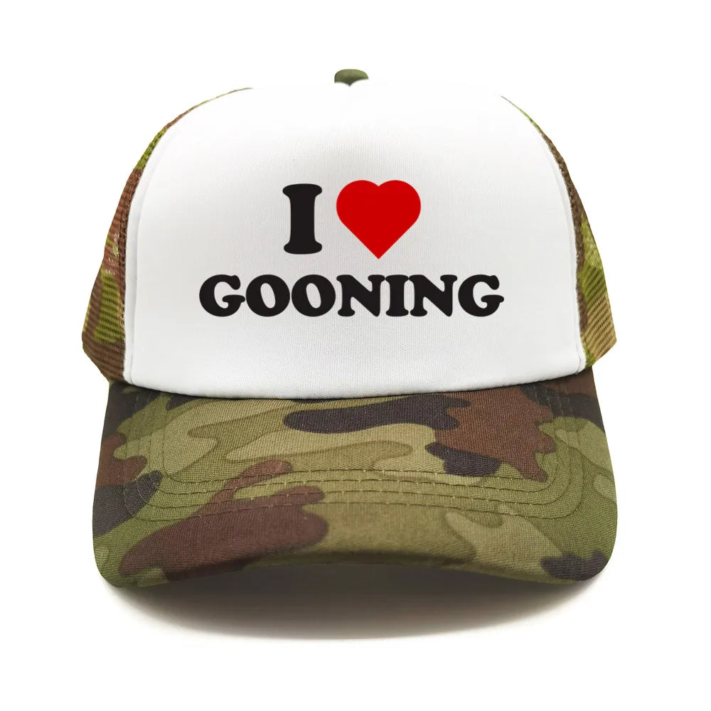 Sjove „I Love Gooning“-baseballkasketter – Cool sommerhat til mænd i netstof – Humoristisk truckerkasket – Unisex udendørs kasketter i netstof – MZ-080