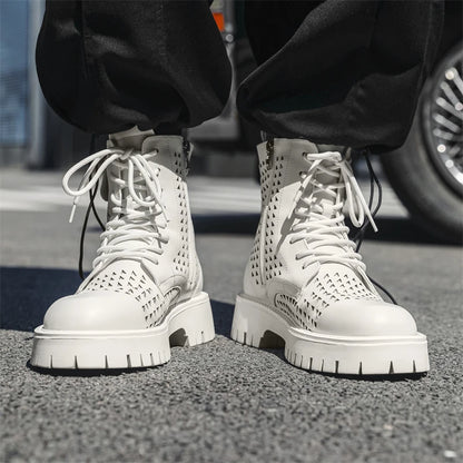 Non-Slip Men's High Top Casual Leather Shoes Street Style Motorcycle Boots New Stylish Ankle Boots Thick Bottom Walking Footwear