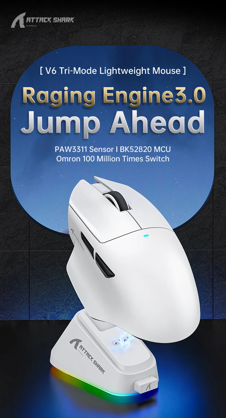 ATTACK SHARK V6 Wireless Gaming Mouse, Superlight RGB Gaming Mouse with Magnetic Charging Dock, PAW3311 Sensor, Tri-Mode Bluetooth Gaming Mouse
