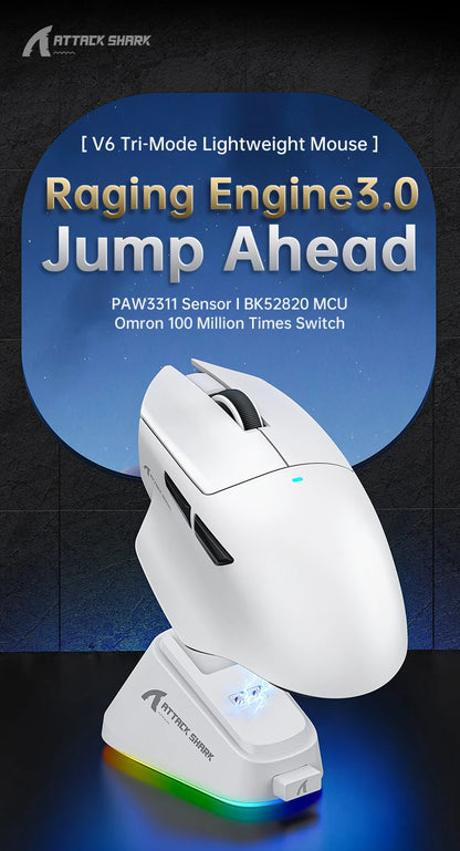 ATTACK SHARK V6 Wireless Gaming Mouse, Superlight RGB Gaming Mouse with Magnetic Charging Dock, PAW3311 Sensor, Tri-Mode Bluetooth Gaming Mouse