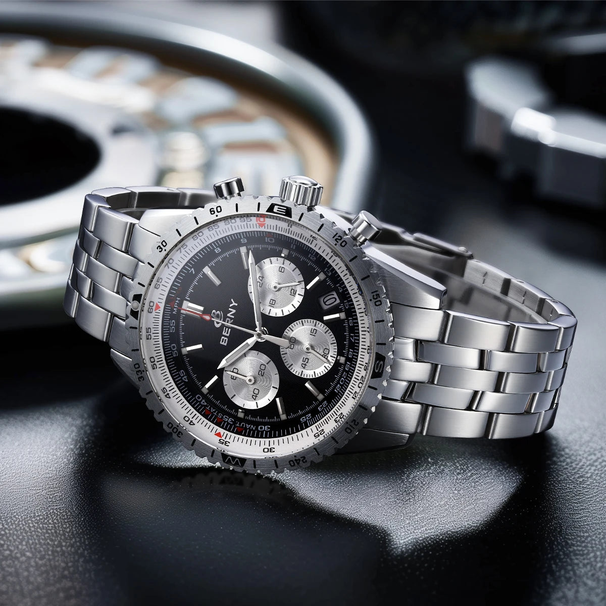 Męski zegarek chronograf BERNY – wielofunkcyjny zegarek kwarcowy w stylu lotniczym, wyposażony w datownik, szafirowe szkło i doskonałą luminescencję – luksusowy męski zegarek na rękę