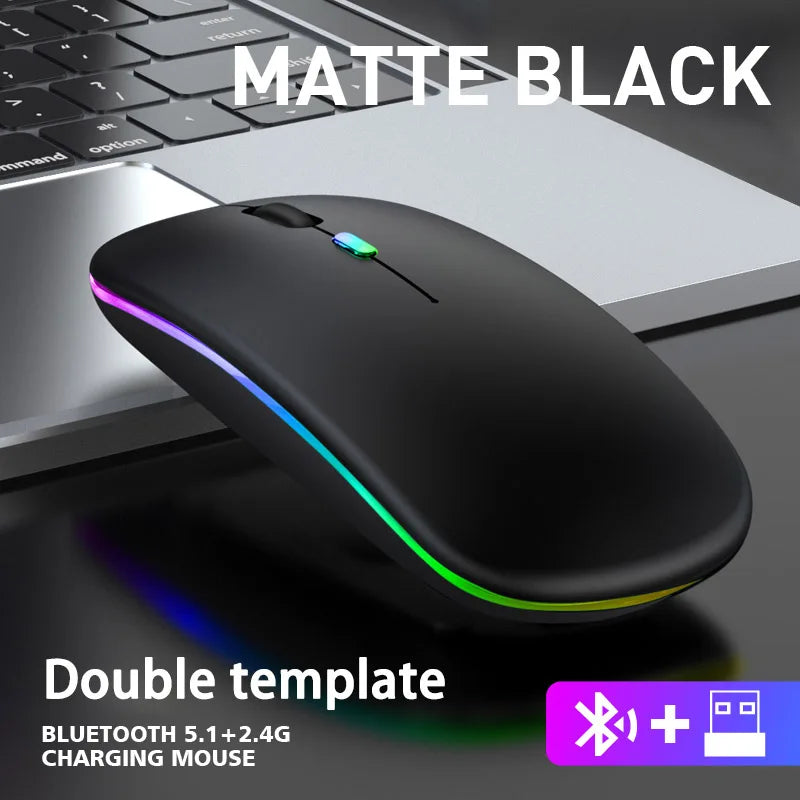 Rechargeable Bluetooth Wireless Mouse with 2.4GHz Dual Mode, RGB Ergonomic Silent Click Mouse for Laptop, PC, Mac, iPad & Android