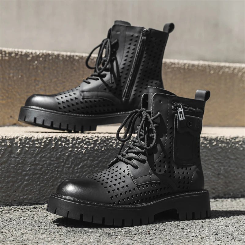 Non-Slip Men's High Top Casual Leather Shoes Street Style Motorcycle Boots New Stylish Ankle Boots Thick Bottom Walking Footwear
