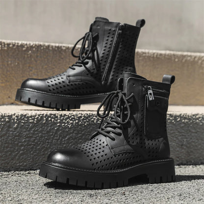 Non-Slip Men's High Top Casual Leather Shoes Street Style Motorcycle Boots New Stylish Ankle Boots Thick Bottom Walking Footwear