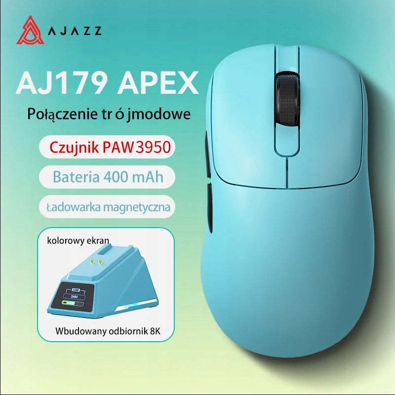 AJAZZ AJ179 APEX Gaming Mouse with Color Screen Dock, Tri-Mode Wireless Gaming Mouse, PAW3950 Sensor, 8000Hz Polling Rate, Magnetic Charging