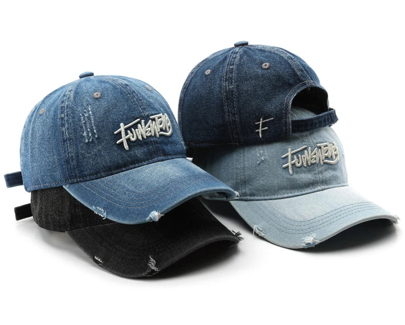 Cappellino da uomo in denim lavato stile retrò giapponese con lettere ricamate, per sport all’aperto, viaggi e protezione dal sole, cappellino da baseball classico, versatile e comodo