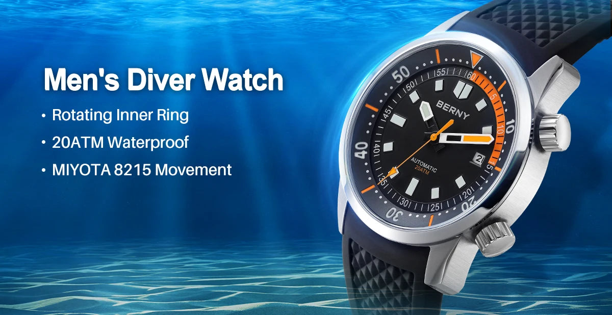 BERNY Men's Dive Watches 200M Waterproof Super Luminous Automatic Mechanical Diver Watch 42mm Sapphire Swim Diving Wristwatch