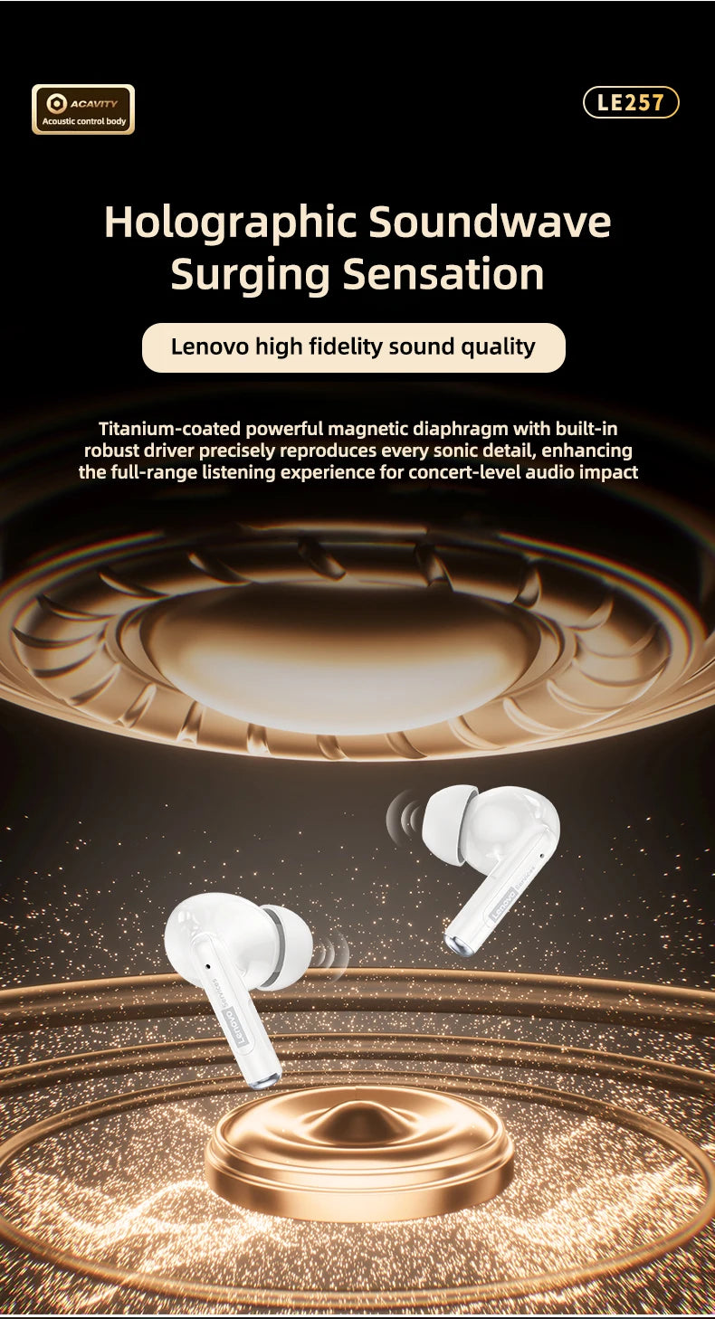 Lenovo LE257 TWS Wireless Bluetooth 6.0 Headphones with HiFi Sound, ENC Noise Reduction, Gaming Earbuds with Mic, Sports Waterproof Headset