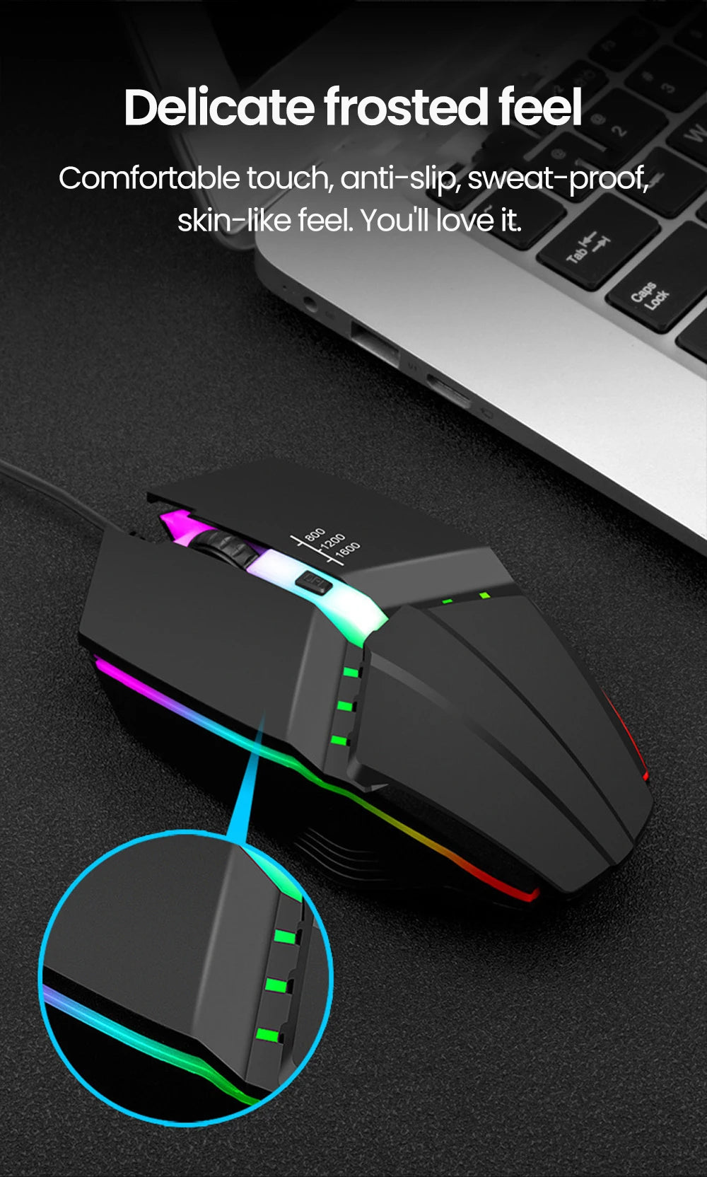 Drôtová USB herná myš RGB BackLight Mute s LED podsvietením, 1600DPI, pre stolný PC, notebook, domácnosť a kanceláriu