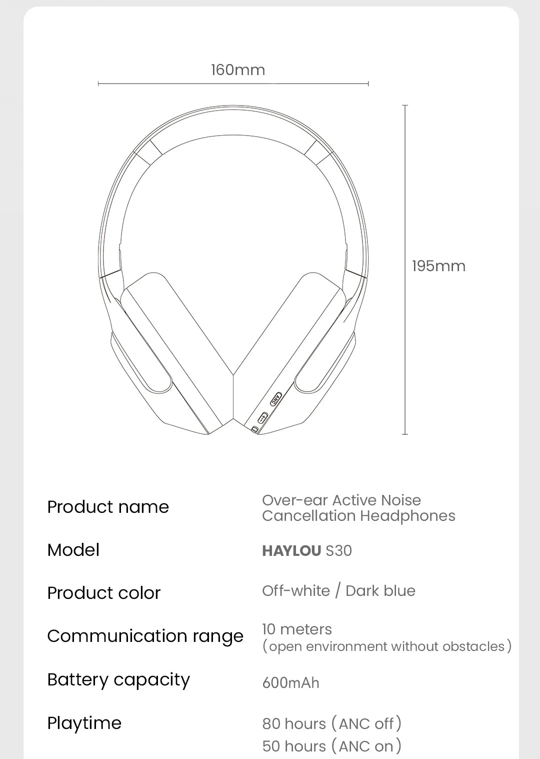 HAYLOU S30 Wireless Bluetooth 5.4 Headphones – 43dB Adaptive Noise Cancelling Over-Ear Headphones, 40mm Driver, 80H Playtime Hi-Res ANC Headset with Microphone