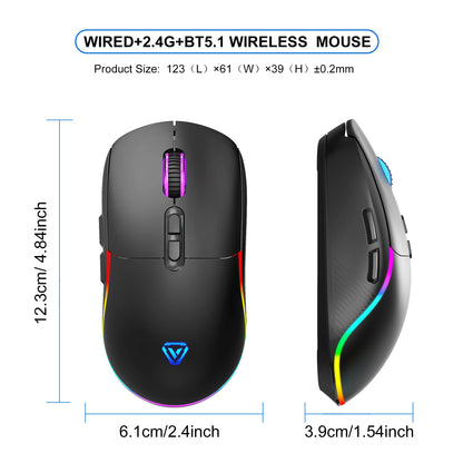 Tri-Mode Wireless Gaming Mouse with Bluetooth 2.4G & Wired Connection, 10000 DPI RGB Esports Mouse with 7 Buttons and Rechargeable Battery