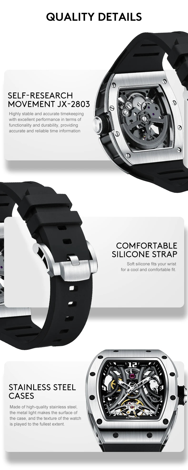 Luxury Automatic Watch Men Sports Barrel Skeleton Design Mechanical Movement Silicone Strap 5 ATM Waterproof Watches