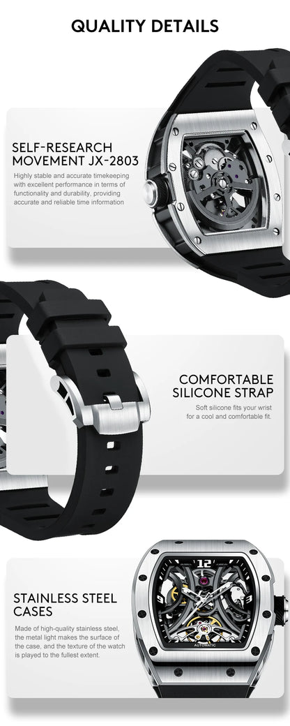 Luxury Automatic Watch Men Sports Barrel Skeleton Design Mechanical Movement Silicone Strap 5 ATM Waterproof Watches