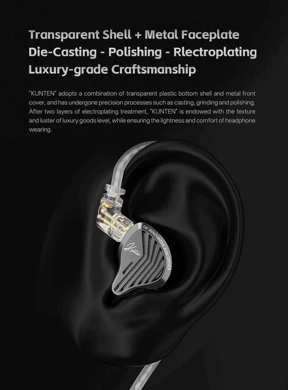GK KUNTEN HiFi Dynamic Driver Earphones Wired In-Ear Headphones with Microphone, Detachable Cable DJ Music Earbuds, Professional HiFi Audio Earphones