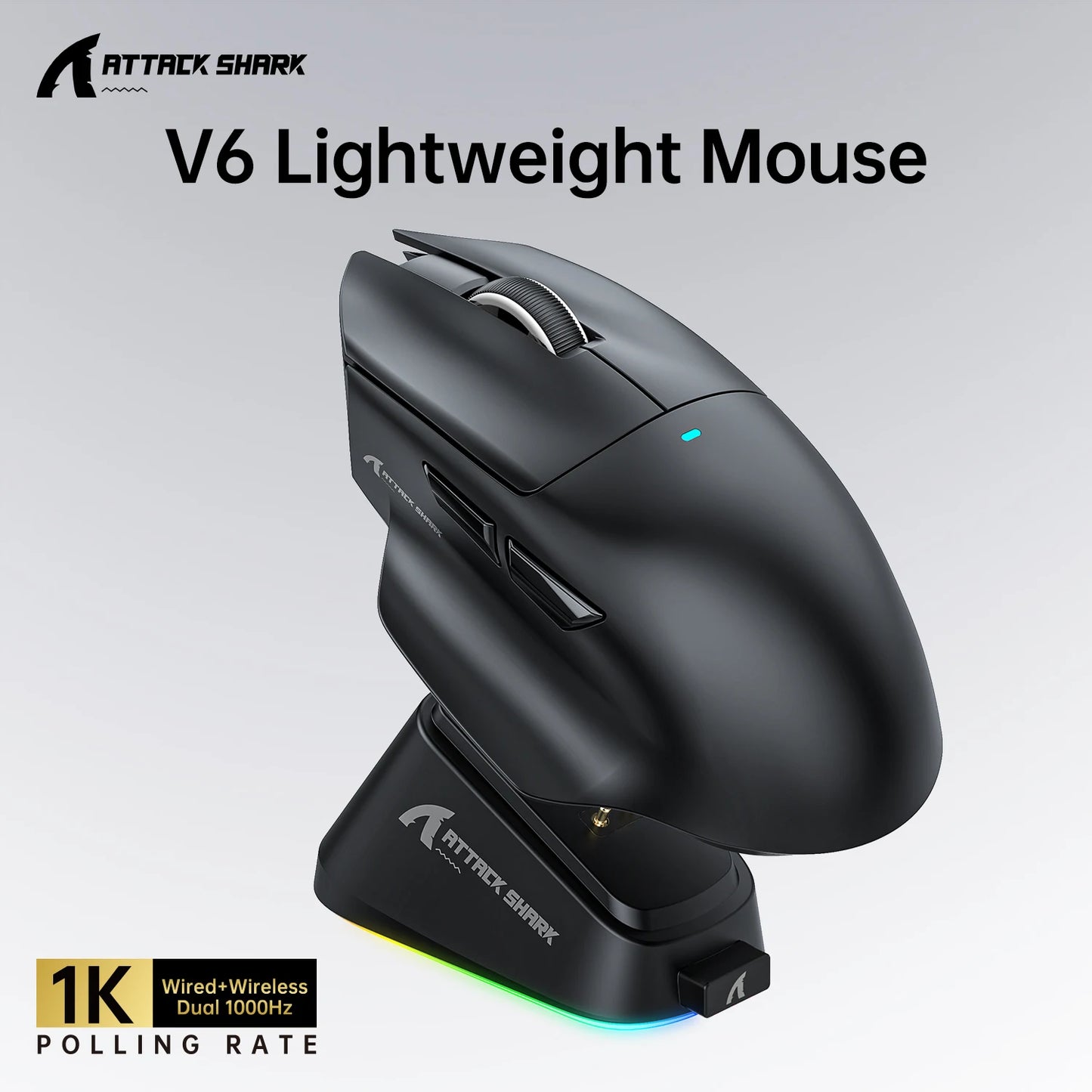 ATTACK SHARK V6 Wireless Gaming Mouse, Superlight RGB Gaming Mouse with Magnetic Charging Dock, PAW3311 Sensor, Tri-Mode Bluetooth Gaming Mouse