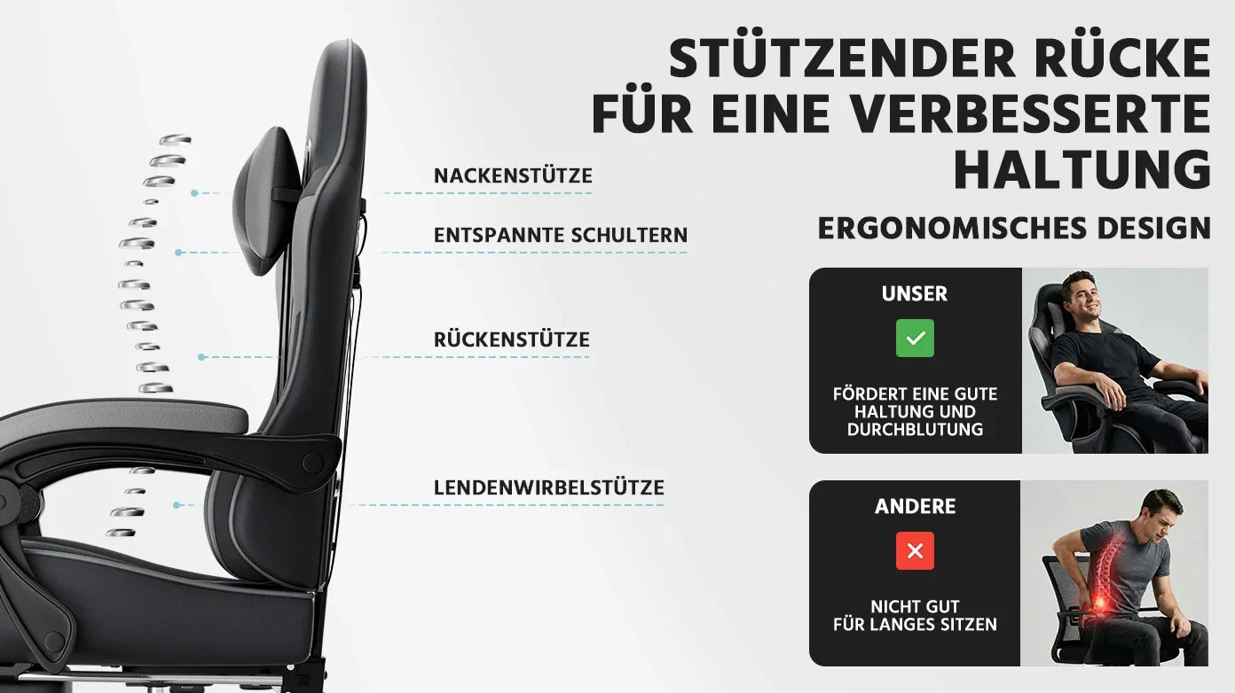Comanlai Gaming Chair with Footrest Ergonomic High Back Gaming Chair, Adjustable Headrest & Lumbar Support, PU Leather Swivel Computer Gaming Chair for Office & Home