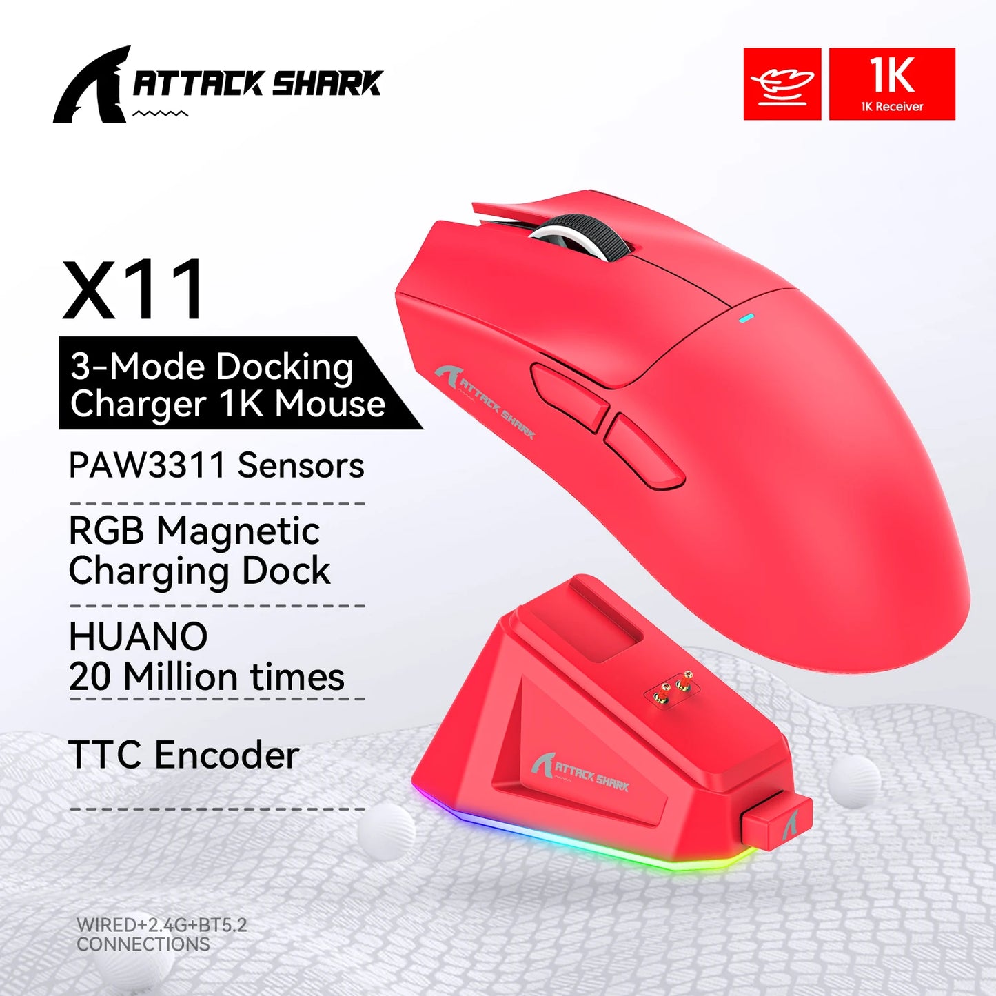 ATTACK SHARK X11 Wireless Gaming Mouse, 22K DPI PAW3311 Tri-Mode Gaming Mouse, Bluetooth 2.4G Wired RGB Lightweight Gaming Mouse