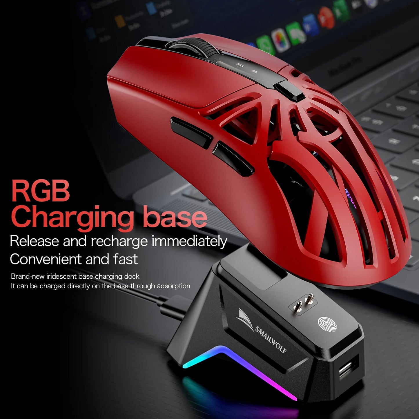 SMAILWOLF M8 Wireless Bluetooth Tri-Mode Gaming Mouse, 12000 DPI Lightweight RGB Gaming Mouse with PAW3311 Sensor, Magnetic Charging Dock