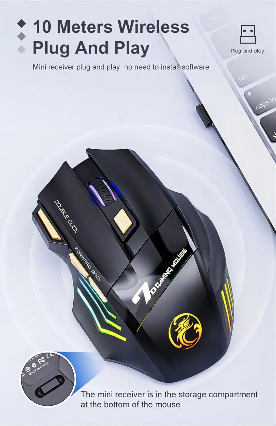 Wireless Bluetooth Mouse Rechargeable RGB Gaming Mouse, Ergonomic Silent Wireless Bluetooth Mouse with 7 Buttons, 3200 DPI Bluetooth Mouse for PC, Laptop & Mac